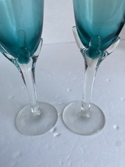 Vintage Teal Flute Glasses With Clear Tulip Stem 5 1/2 Inches Tall ￼