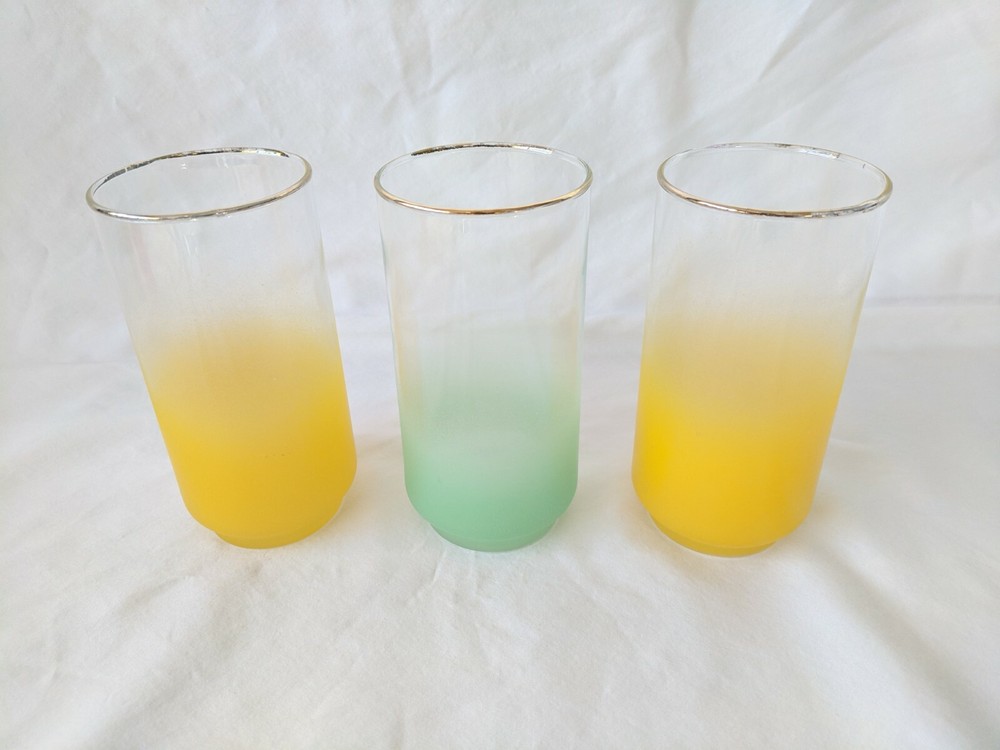 Vintage MCM Libbey Glass Blendo Frosted Tumbler Glasses 3 green and yellow