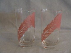 Vtg Tumblers Coolers Highball Glasses Pink Feather Design Rubberized Set Of 2