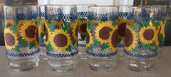 Set of 8 Anchor Hocking Sunflower w/ Blue Checkered Bands Drinking Glasses