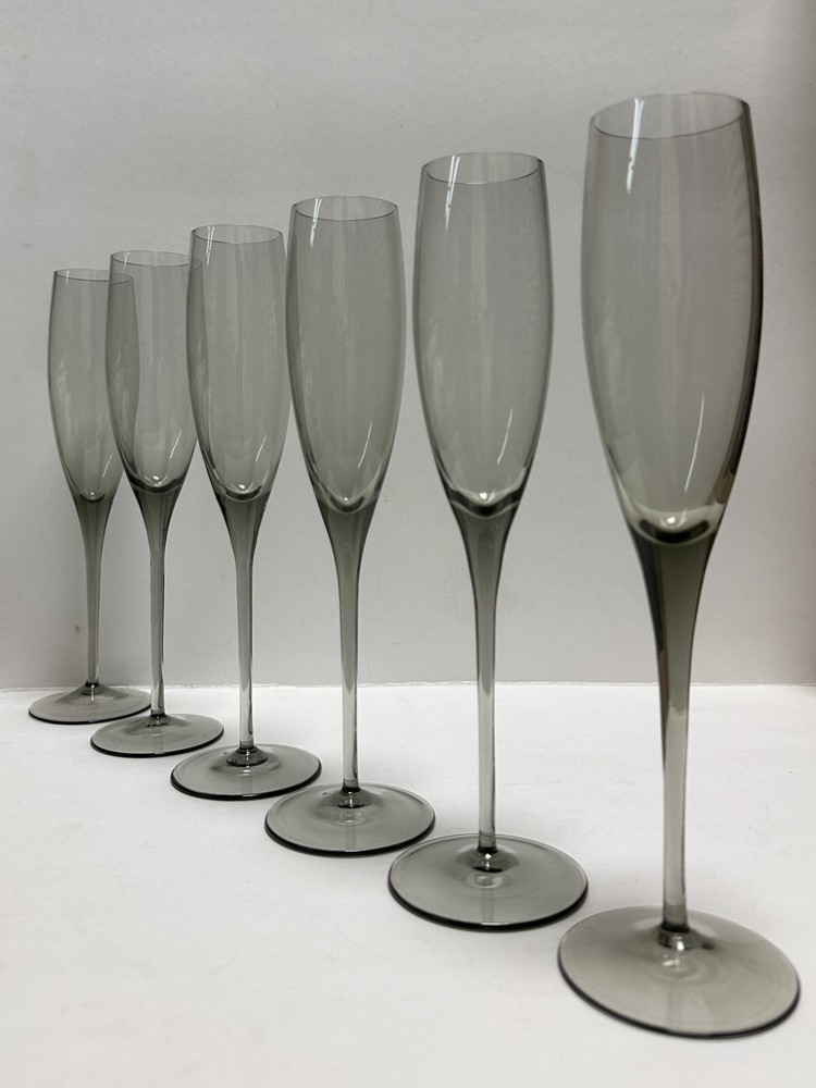 Set of 6 MIKASA ELITE SMOKE Hand Blown Fluted Champagne Glasses