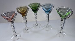 Set of 5 Vintage Asst Colors Small Martini/Cordial Glasses Twisted Stem 6” Tall