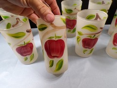 Set of 9 Clear Frosted Glass Tumblers w/ Apples Design Painted On Them 5 1/8″