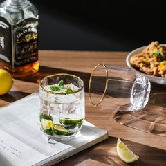 EVEREST GLOBAL Polyhedron Gold Rim Clear Crystal Glass Tumbler 14oz, Set of 6