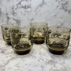 VTG Merry Mushroom Style Glasses Smoked Tawny Amber Lowball Rocks Set of 4