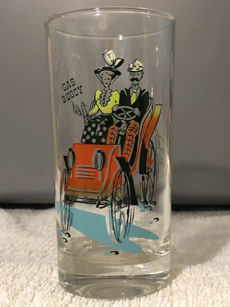 Hazel Atlas Gay Nineties Drinking Glass Vintage Gay Buggy Horse Car Printed Cup