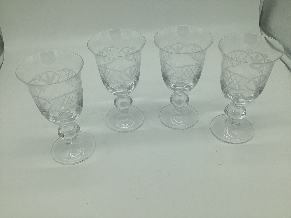 Set Of 4 Heavy Glass Fancy Etched Goblets- Set Of 4