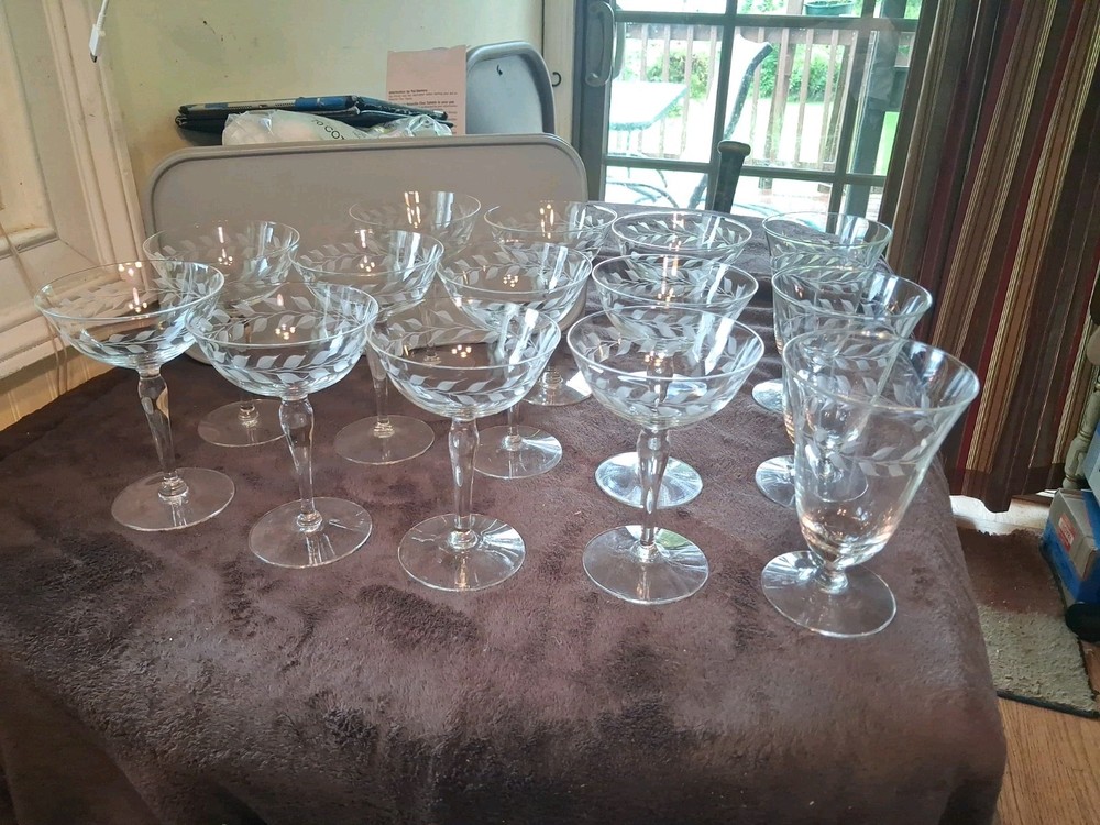 Vintage Fosteria Holly Clear Etched Crystal Champagne/Tall Glasses -14 In Total