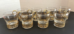 8 Libbey Glass Clear Greek Key Design Continental Cups With Metal Holders