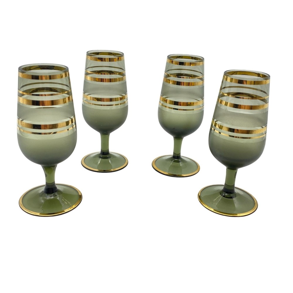 MCM Frosted Grey & Gold cordial Sherry Glasses VTG glassware 70s Bohemian