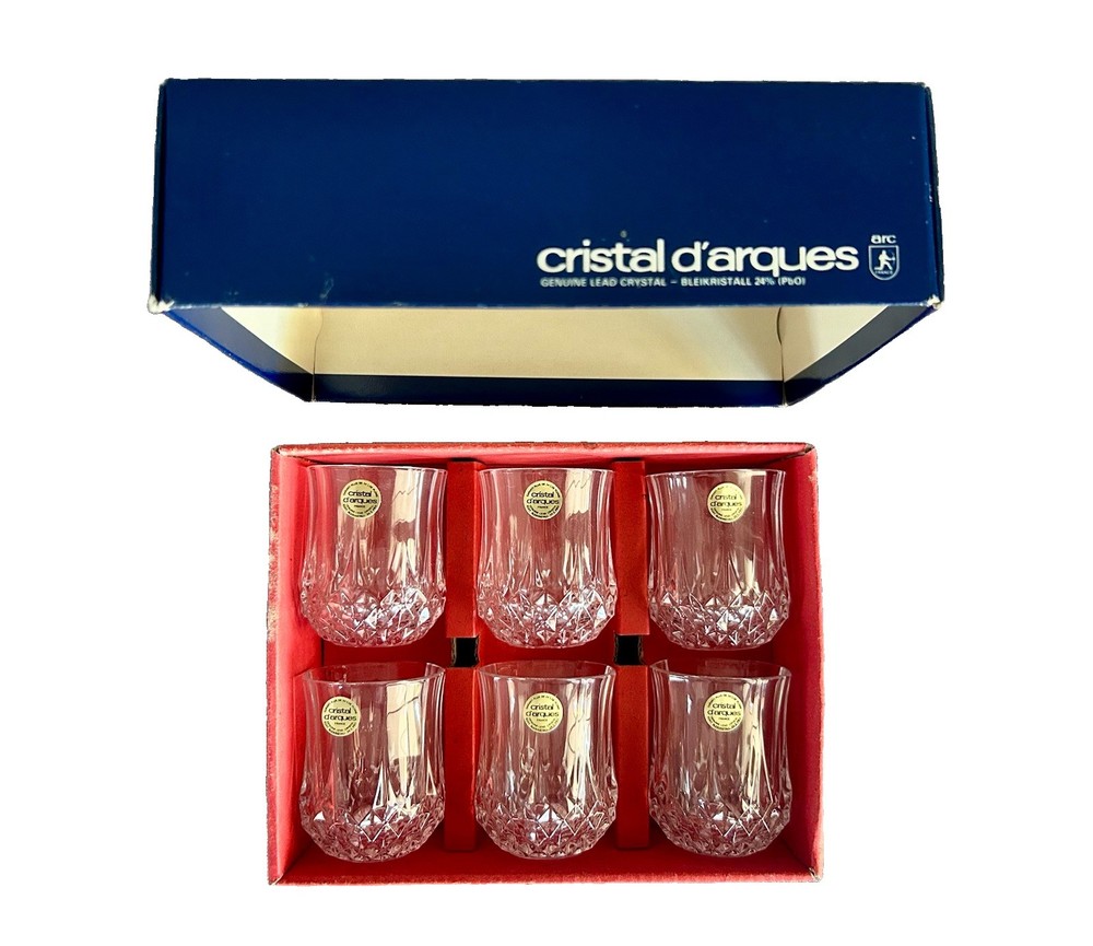 🥃 CRISTAL d’D’ARQUES LONGCHAMP Crystal Set of Six 2″ SHOT GLASSES, Original Box