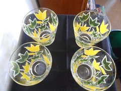 4 vintage Culver Yellow and Green Tulip glasses 1970s