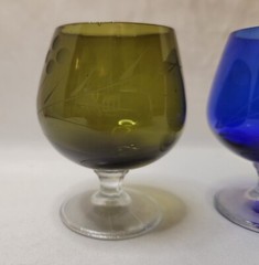 Set of 5 Cordial Shot Glasses Etched Glass Cherry Blossoms Mid Century Barware