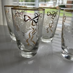 Set Of Four Libby Gold Bow Etched Roses Clear Glass Drinking Glasses