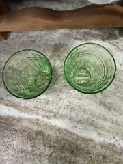Hazel Atlas Moderntone Green Uranium Glass Tumblers Juice Glasses Set of 2 VTG