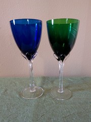Vintage Venetian Murano Hand Blown Tulip Wine Glasses Set Of 2- 1 Blue & 1 Green