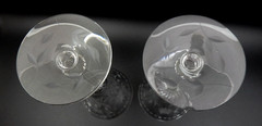 VINTAGE SET OF 2 GLASTONBURY LOTUS ETCHED CUT GLASS WINE GOBLETS, MADE IN USA