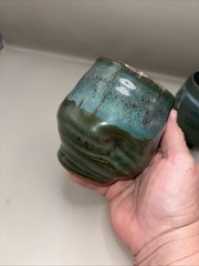 Pair of 2 Hand Thrown Studio Pottery Thumb Cups Teal Ceramic Dimple Tumbler