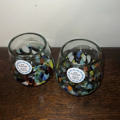 Hand Blown Thick Art Glass Confetti Stemless Wine Glass Set of 2