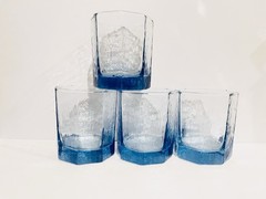 4 Libbey Facets Light Blue Old Fashioned Glasses Textured Octagon Tumblers EUC