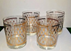 Set of 4 Georges Briard Double Old Fashioned Glass Gold Lattice Diamond Pattern
