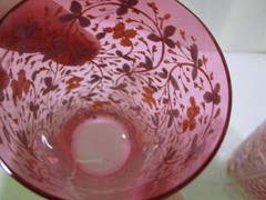 Lot of 2 Moser Bohemian Raised Gold Enamel Rose Berry Scrollwork Cranberry Glass