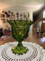 Vintage MCM Green LE Smith Glass Moon & Stars Ruffle Top Cup Goblet Smith 6”