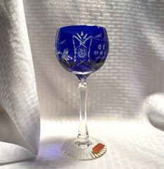 BEYER VINEYARD WINE GLASS CASED COBALT BLUE CUT TO CLEAR CRYSTAL BOHEMIAN W/TAG