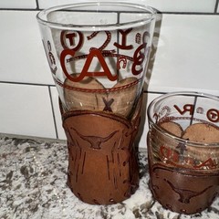 Libbey Bamco Western Glass Tooled Leather Sleeve Whiskey Pilsner Longhorn Steer