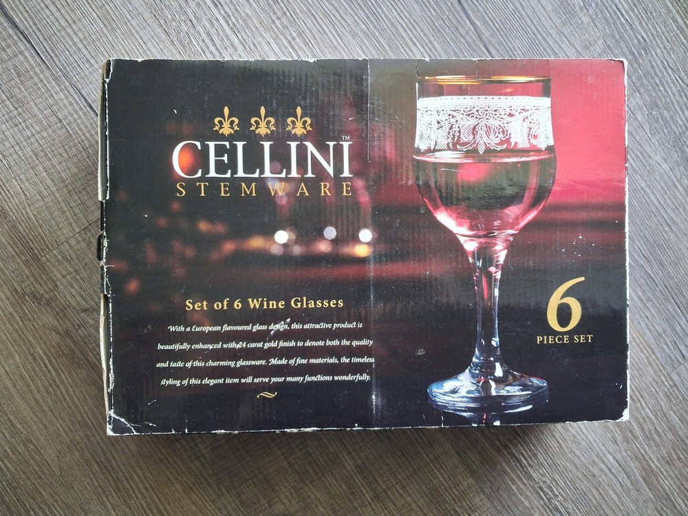 VTG CELLINI Italian 24KT Gold 6.5″ Wine Glasses Etched Scroll Blown Glass SET 6