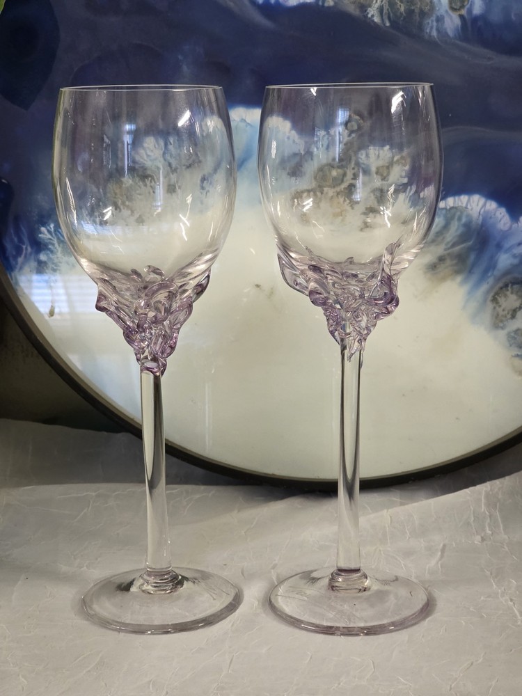 Signed Ion Tamaian Wine Glass Set of 2 Romanian Art Glass Purple Pastel Accent
