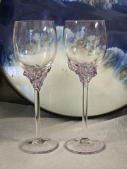 Signed Ion Tamaian Wine Glass Set of 2 Romanian Art Glass Purple Pastel Accent
