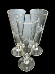 Set of 3 Vintage Etched Crystal Pilsner Glasses Leaf Flower 8.25” Mid Century