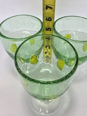 Set Of 3 Green Seeded Bubble Glass Goblets With Lemon Slices & Clear Ball Stem