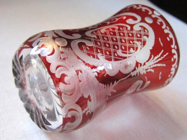 Rare Antique Bohemian Ruby Glass Beaker – Stag & Heron, Heavy Crystal, c.1890