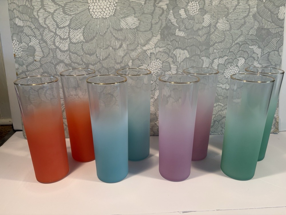 Set Of 8 Vintage Federal Glass Co. «Blendo» style Collins glasses 4 Ombré Color