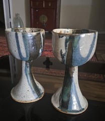Stoneware Pottery Wine Goblets Multi Color Drip Glaze Set Of (2) Vintage