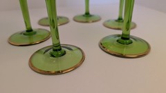 Vintage MCM Romanian Crystal Flower Cordial Glasses With Gold Trim. Lot Of 6.