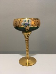 Antique Bohemian Moser Green Glass Wine Goblet Gold Glit Hand Painted Italy