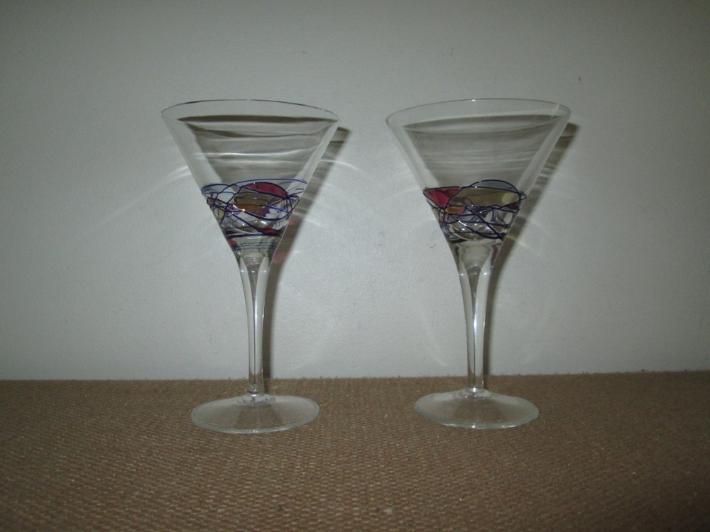 2 TGMG Romania Milano Mosaic Art Stained Martini Glasses Pink Blue Gold Swirl