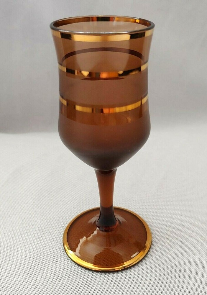 SET OF 6 FROSTED BROWN W/ GOLD BANDS WINE GLASS CORDIALS 4 3/8″