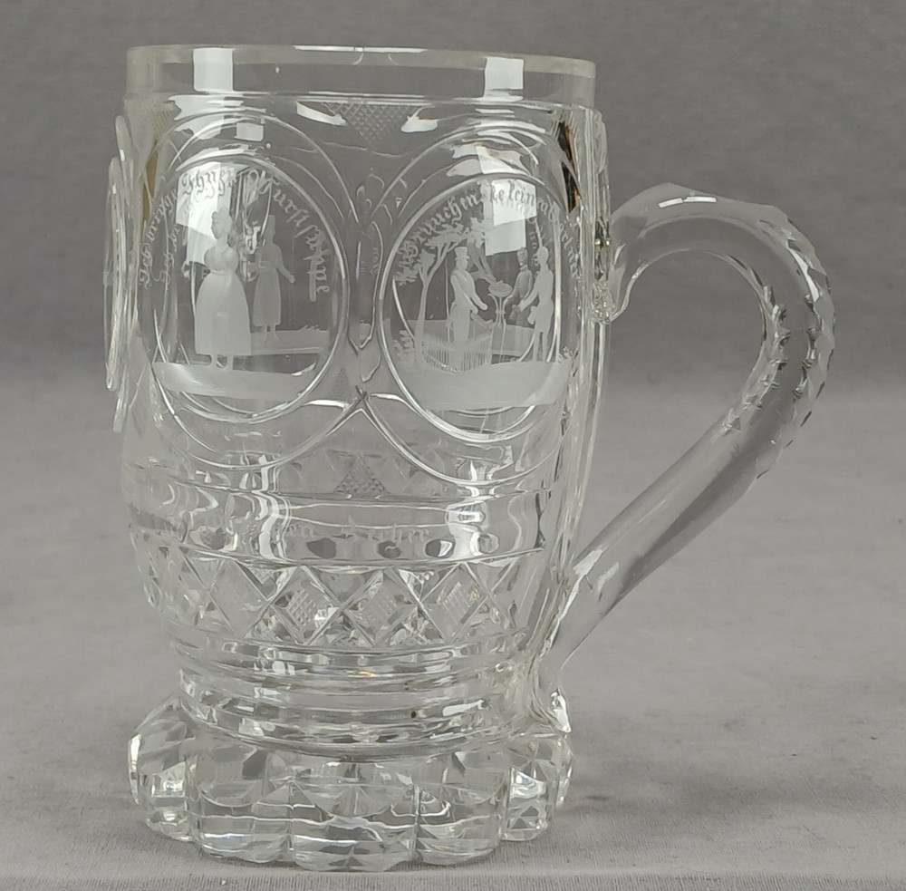 19th Century German Engraved Scenes & Sayings Cut Glass Mug / Stein C.1820-1830s