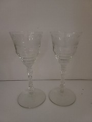 Vintage 2 pc Etched Block Cut Stemware Port Sherry Glasses 6-11/16” Tall