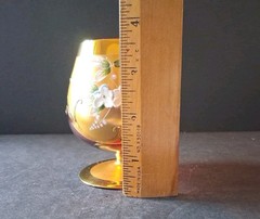 Bohemian Cranberry Glass Brandy Snifter Gold Enamel Overlay With Flowers- Pair