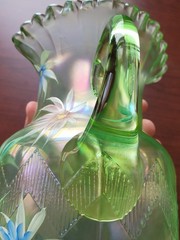 Hand Painted Ice Green Fenton Carnival Glass Enameled Shasta Daisy Pitcher
