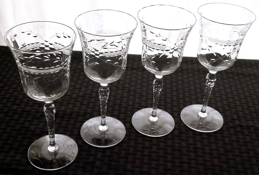 Blown Ware Crystal 4 Clear Glass Etched Design Paneled 10 ounce Water Goblets