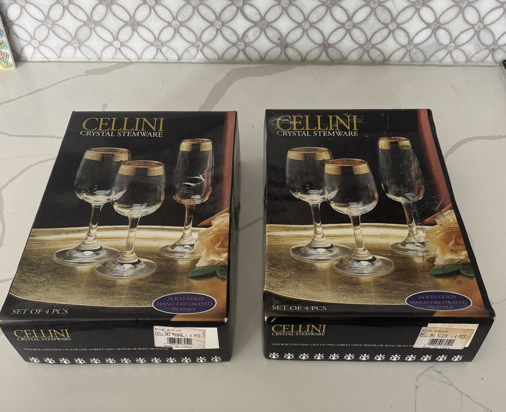 8 CELLINI 24k Gold Handcrafted Crystal Stemware – Made in Italy. 2 Boxes of 4