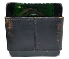 VTG Italy Green Glass LEATHER Bound COAT OF ARMS 1 Bookend 3 ROCKS GLASSES MCM