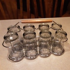 Vintage Metal Wire 8 Beverage Glass Carrier with 8 Silver Fade Glasses MCM