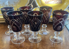 RUBY RED CUT TO CLEAR CRYSTAL GLASSES (6) – BOHEMIAN ROMANIAN – 4″